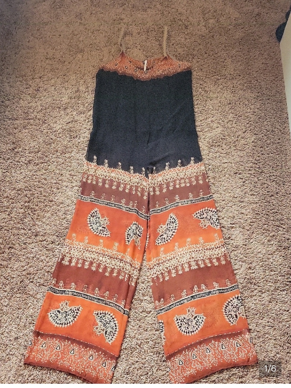 Free People Black and Orange Boho Patterned Sheer Wide-Leg Jumpsuit